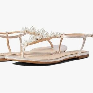 Jewel Badgley Mischka Larissa Pearl-Embellished Nude T-Strap Women's Sandals